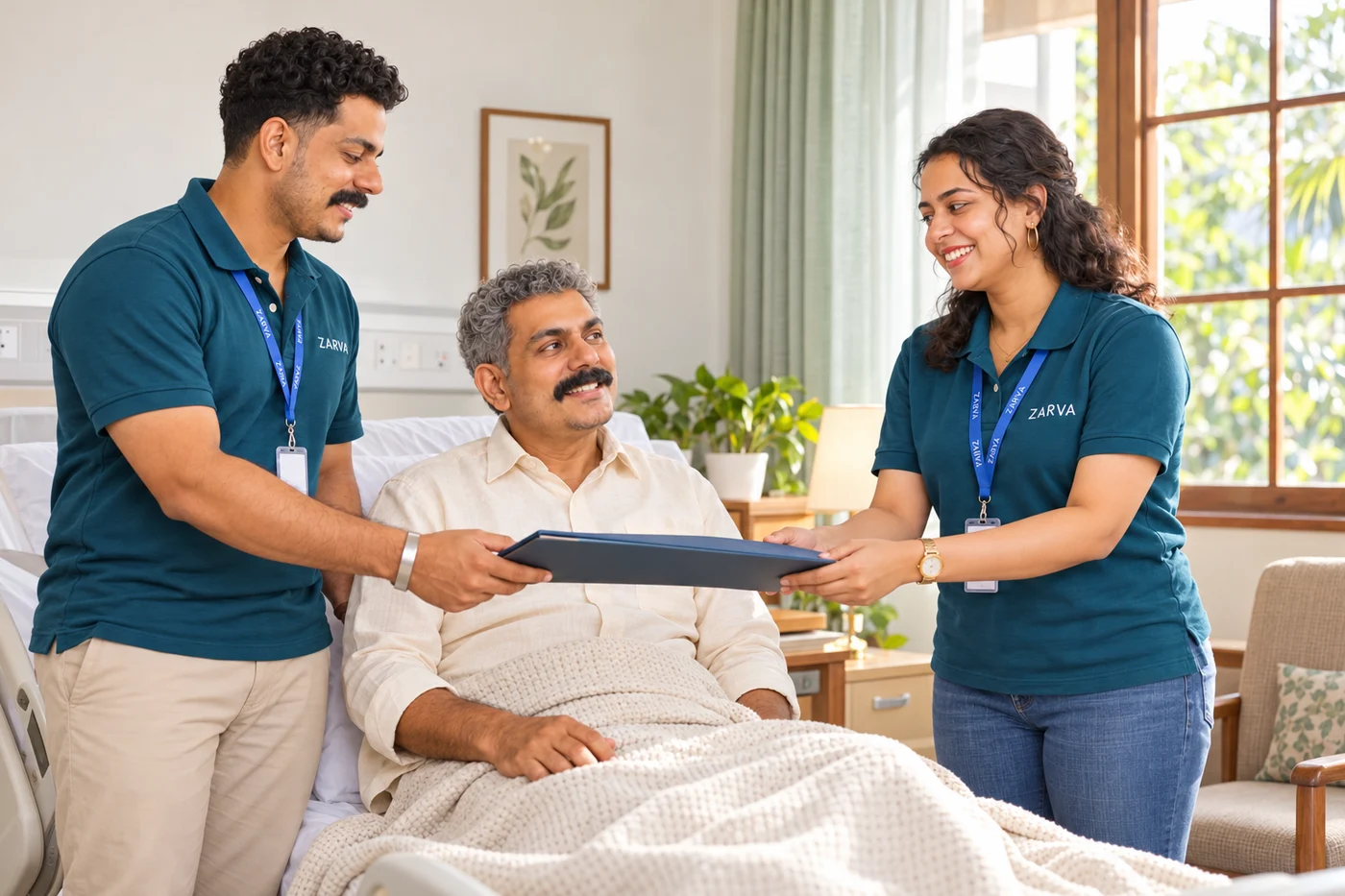 AI-generated scene of the established ZCare father and two companion characters exchanging a shift-notes folder beside a hospital bed.