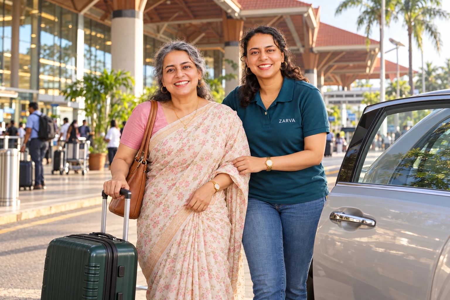 Illustration of a traveller with luggage meeting a driver outside a Kerala airport.