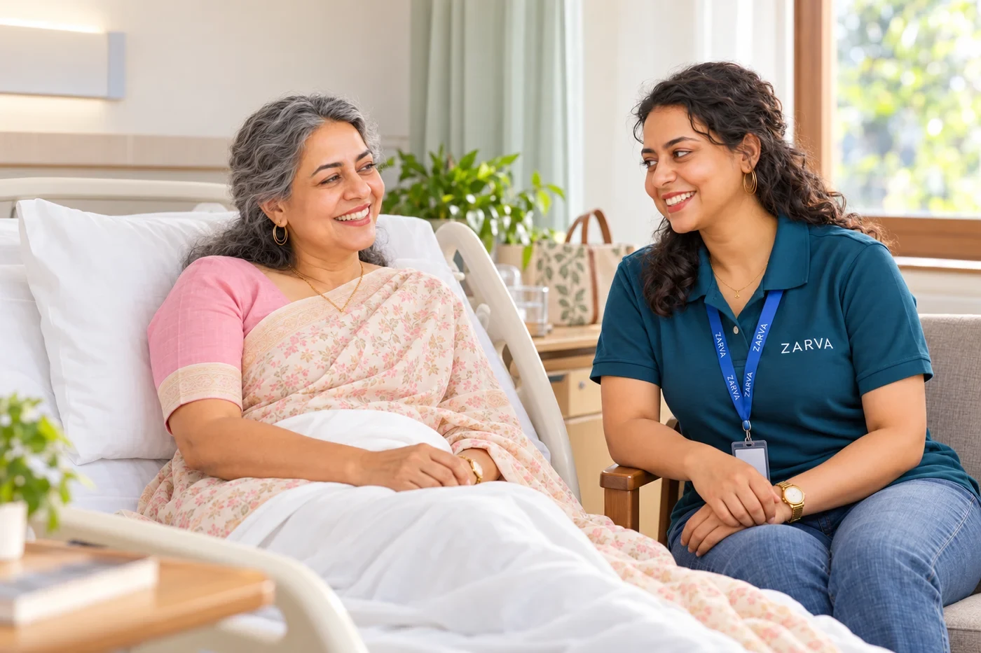 Illustration of a companion listening to an older woman in a quiet hospital room.