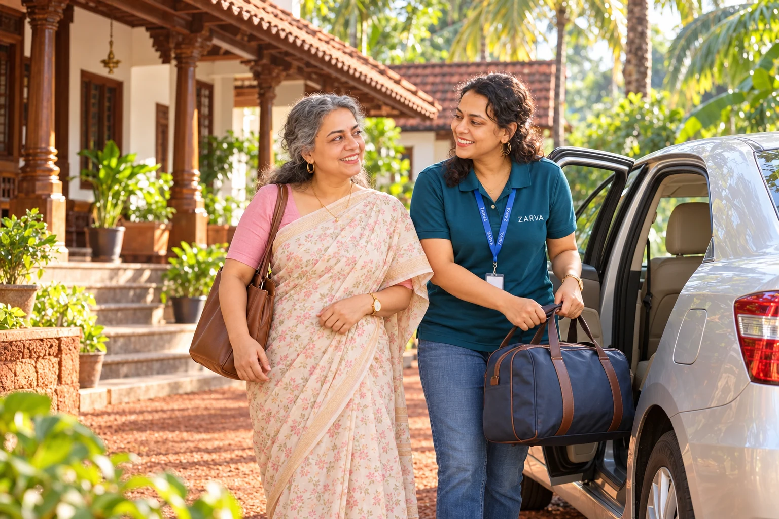 Illustration of a traveller leaving a Kerala home for an arranged car journey.