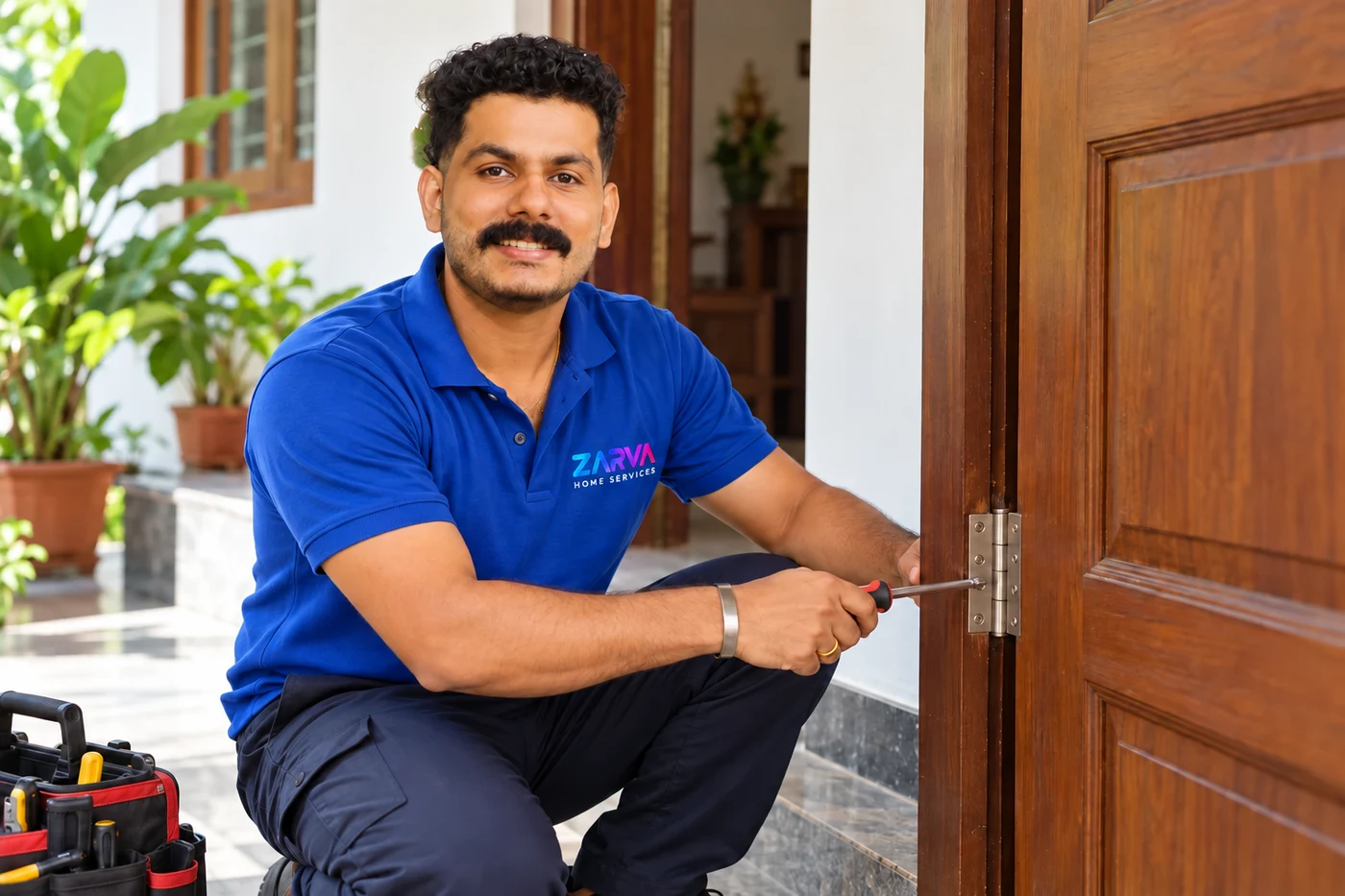 Smiling Zarva professional repairing a door