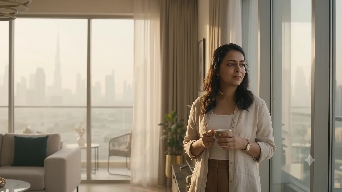 Daughter abroad holding coffee and looking at her phone