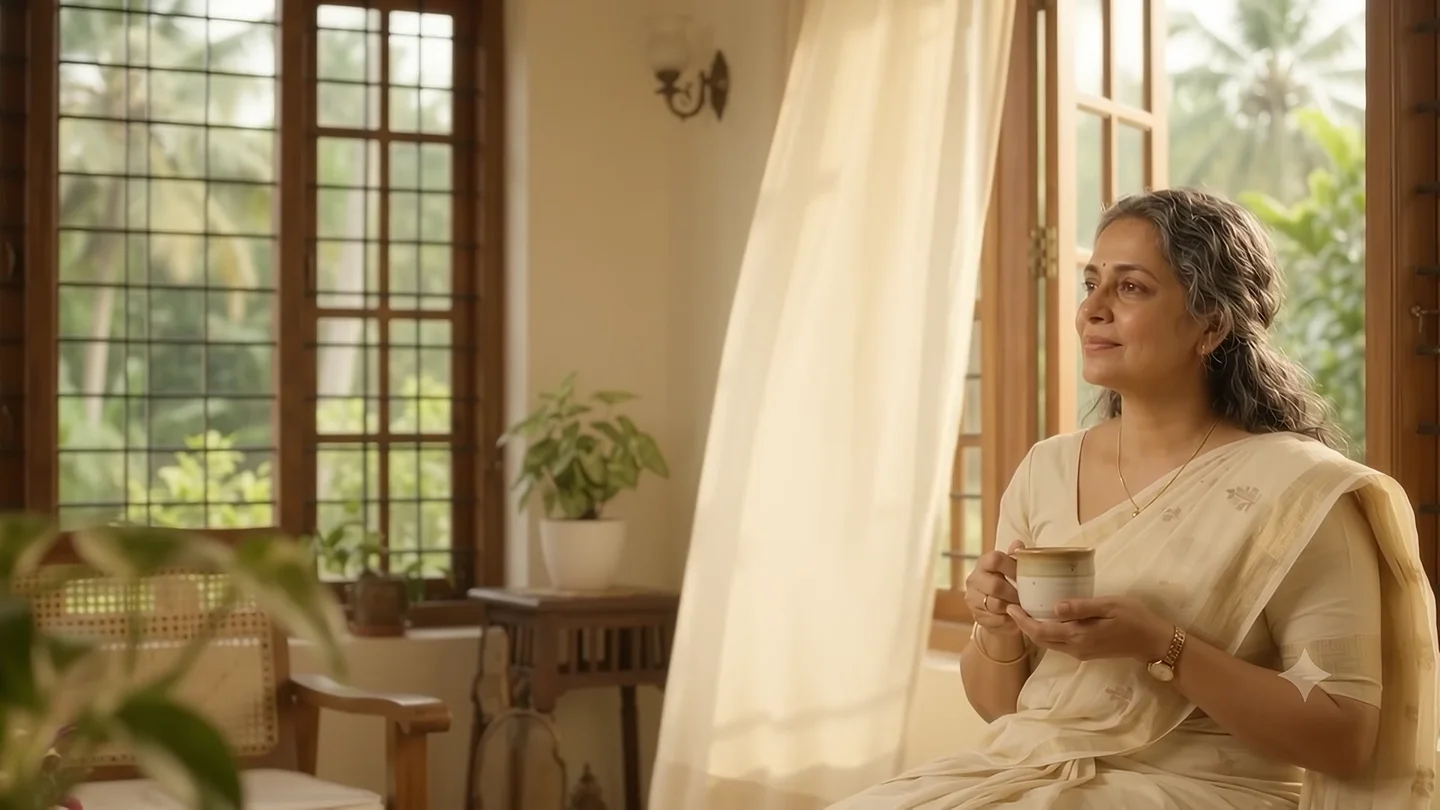 Mother enjoying tea by the wooden window of her Kerala home